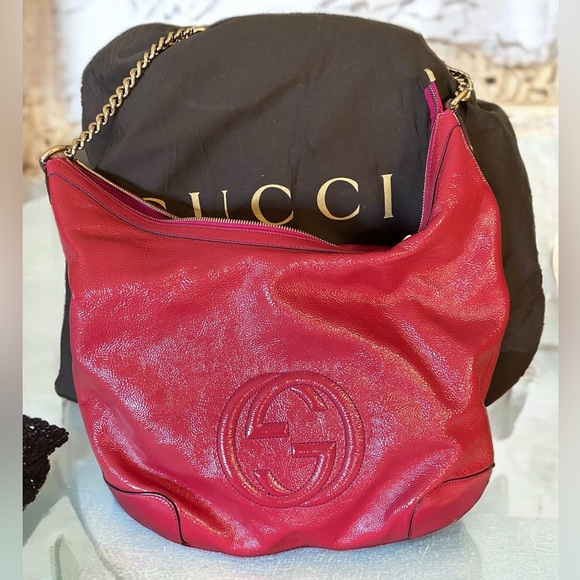 Authentic Gucci Patent Pink Fuchsia Soho Fringe Tassel Chain Tote Bag GORGEOUS! - Picture 9 of 16